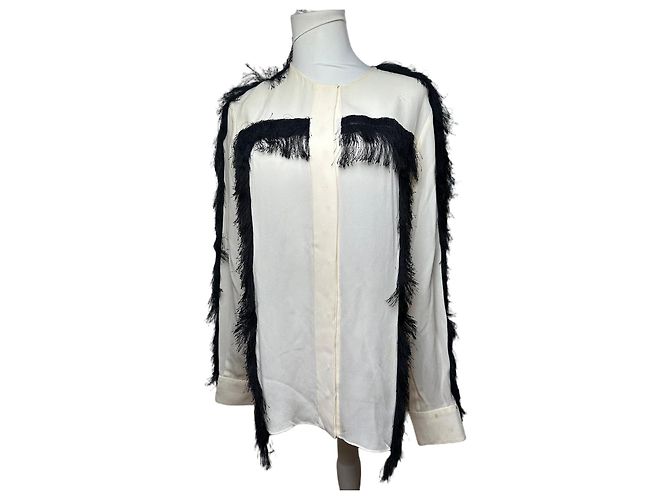 Chloé Vintage Chloe Seidenfederhemd M Weiß Schwarz