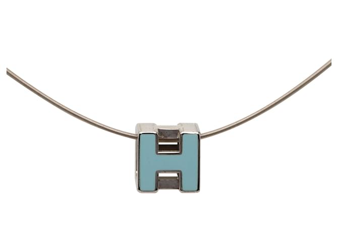 Collier Pendentif D H en Cage Laqué en Palladium Argenté Hermès Bleu clair 