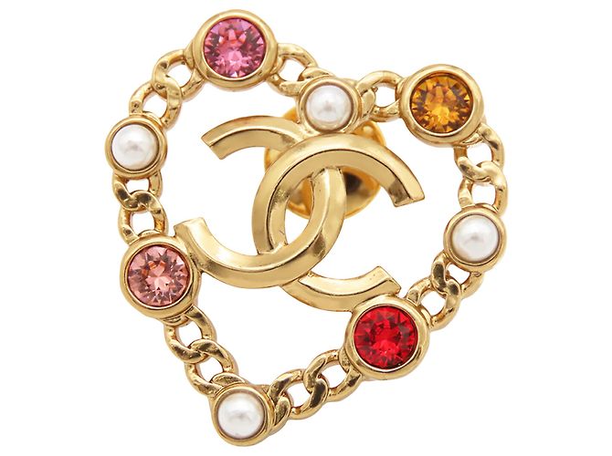 Chanel Gold CC Gold Plated Rhinestone Faux Pearl Heart Brooch Golden
