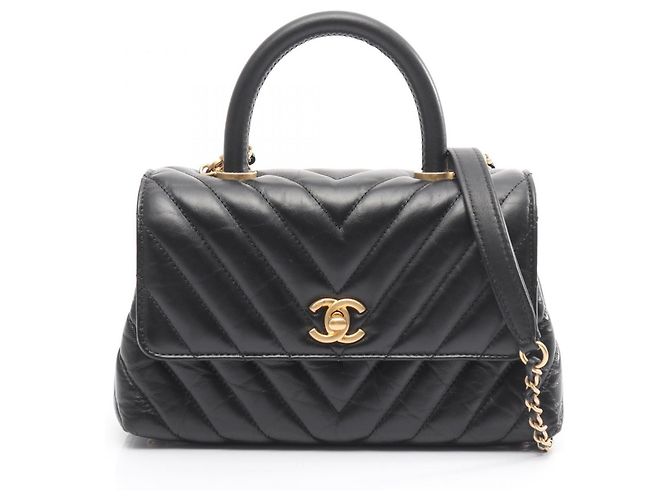 Borsa Chanel Coco Handle Flap V-Stitch Chevron Nero