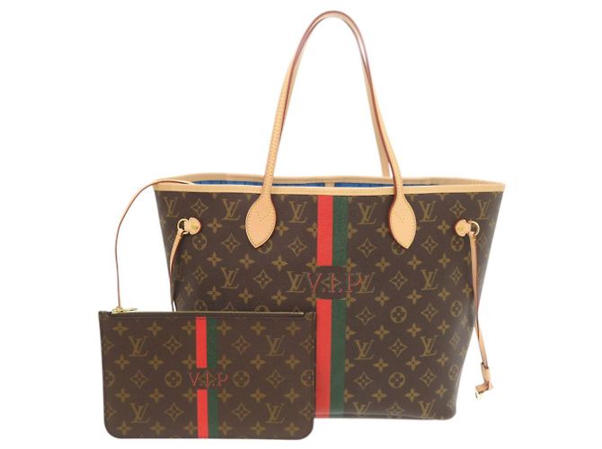 Sac à main Louis Vuitton Neverfull MM Marron Bleu clair Monogramme