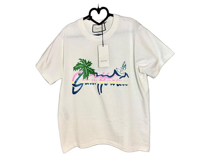 Camiseta Gucci em algodão branco com estampa Multicor