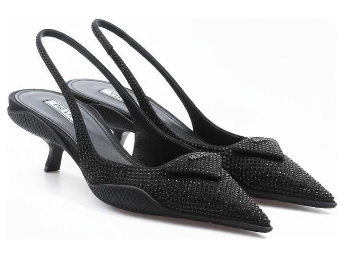 Prada Slingback Pumps Rhinestone Black Leather Size 41