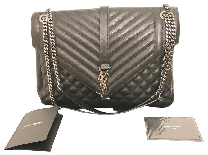 Saint Laurent Envelope Triquilt Large Ysl Shoulder Bag In Grained Leather Noir