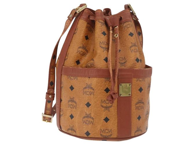 MCM Vicetos Logogram Shoulder Bag PVC Leather Brown Gold Auth BA11651 Golden