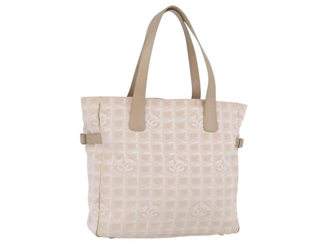 CHANEL Nuova Borsa Tote da Viaggio Nylon Beige Argento CC Auth ti3793