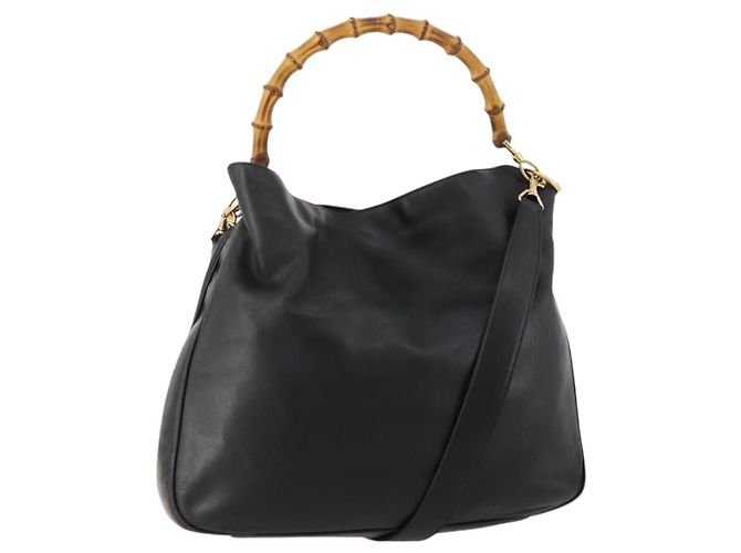 Borsa a spalla in pelle Gucci Bamboo 2way nera e oro Auth kk638 Nero D'oro