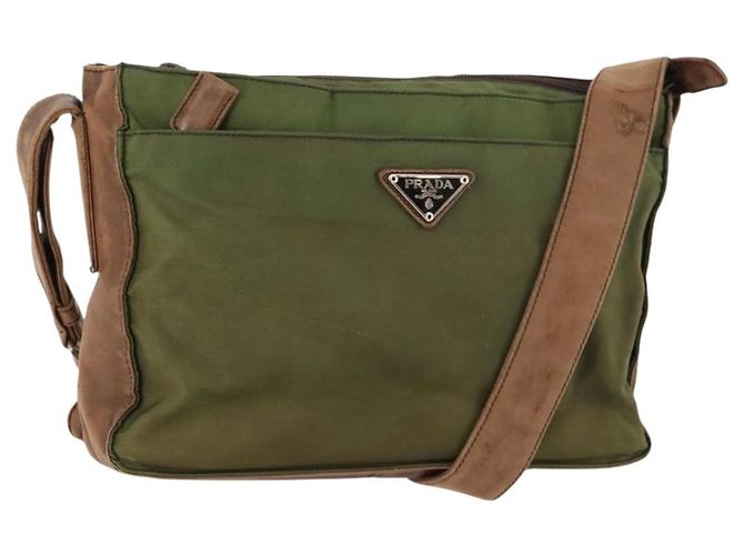 PRADA Shoulder Bag Nylon Leather Khaki Brown Silver Auth 173537