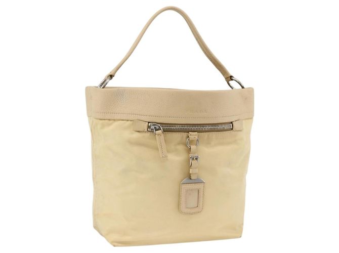 PRADA Shoulder Bag Nylon Beige Silver Auth bs34095 Silvery