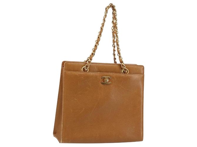 Bolsa Tote CHANEL em pele caviar, dourada, marrom, CC Auth gh1738