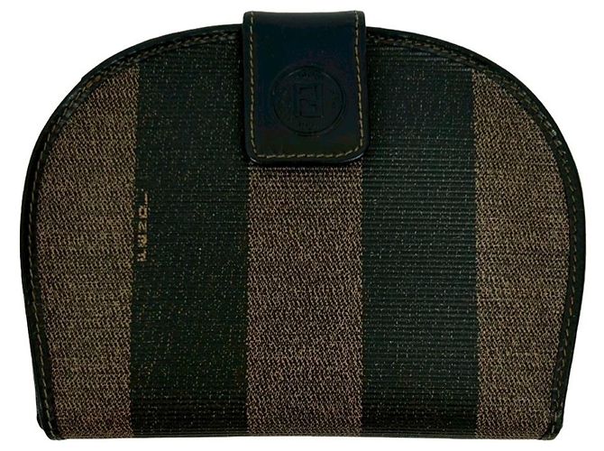 Fendi Pequin Pattern Stripe Logo Leather Bi-fold Wallet Brown Black