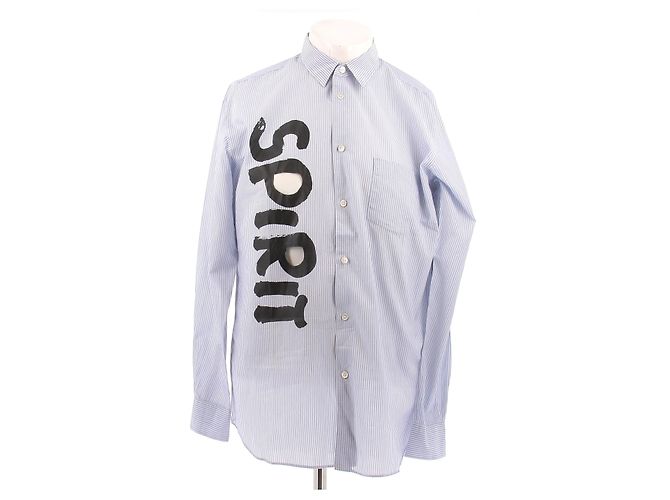 Comme Des Garcons Blau Gestreiftes Hemd mit schwarzer Schrift L