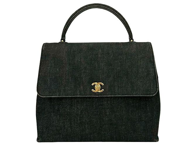 Chanel Coco Mark Baumwoll-Denim-Leder-Handtasche Schwarz