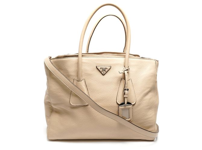 Bolsa tote de couro bege de duas maneiras Prada