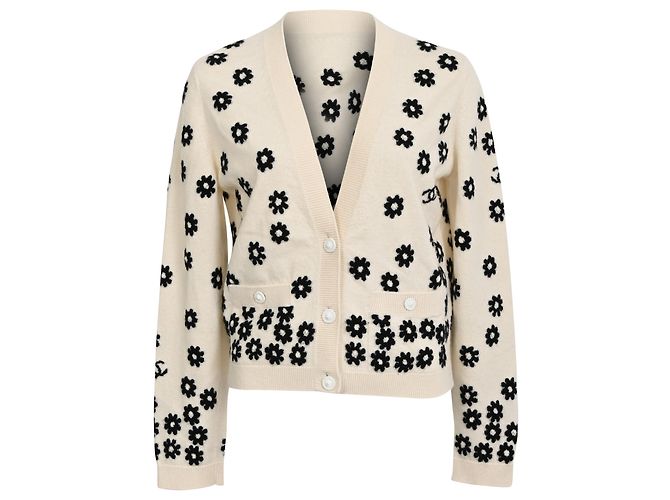 Classique Cardigan en cachemire crème brodé de fleurs Chanel Blanc Écru