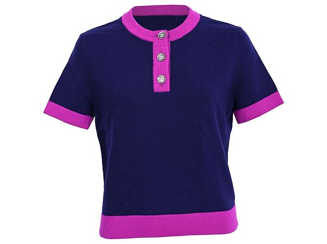 Timeless Chanel Bicolor Short Sleeve Cardigan in Navy Blue Cashmere