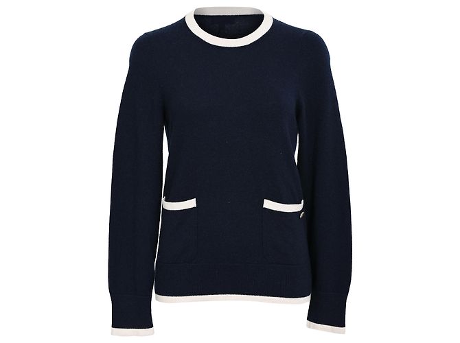 Timeless Chanel CC Knitted Button-Embellished Sweater in Navy Blue Cashmere