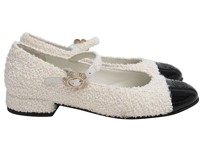Timeless Bailarinas Mary Jane en Tweed CC de Chanel en Algodón Blanco