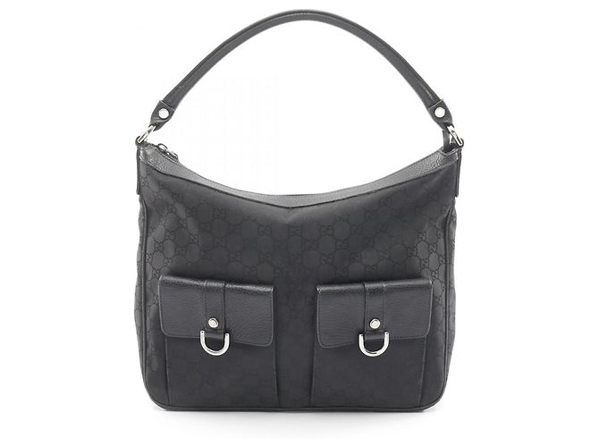 Borsa a Spalla Gucci GG in Nylon e Pelle Nera Nero