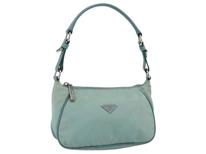 PRADA Shoulder Bag Nylon Leather Light Blue Silver Auth BAZ537 Silvery