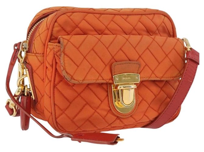 Bolsa de Ombro PRADA Nylon Laranja Dourado Auth LNZ699