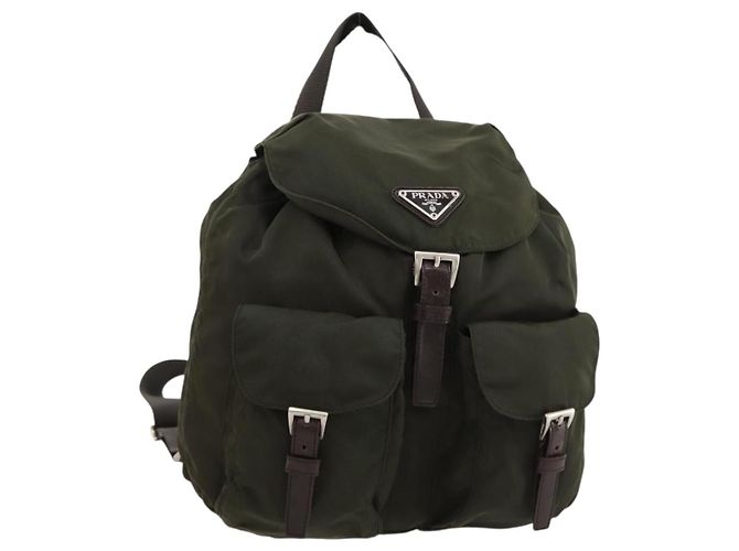 PRADA Backpack Nylon Khaki Silver Auth LNZ259 Silvery