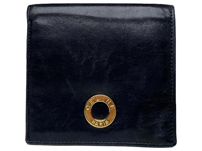 Céline Vintage Celine Paris Leather Flapable Wallet Black Navy blue