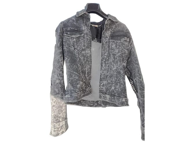 Philipp Plein Giacca di jeans con borchie e inserti in pelle sulle maniche Grigio