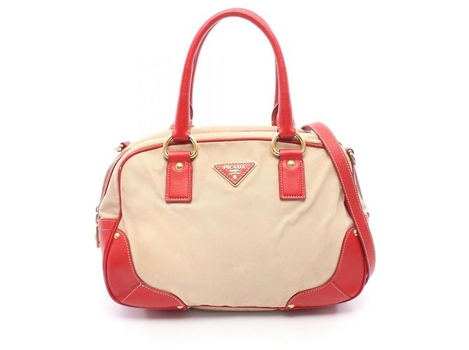 Bolsa de mão 2 em 1 Prada vermelha e bege couro e lona Vermelho