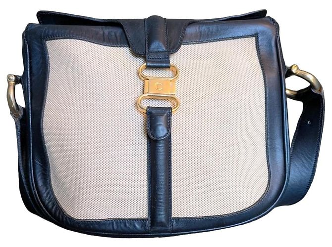 Borsa Céline in pelle blu navy e tela beige