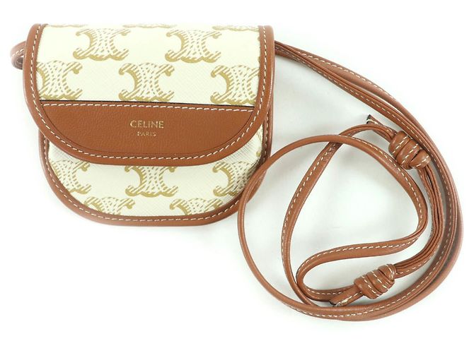 Céline CELINE Triomphe Logo Leather Wallet Brown White