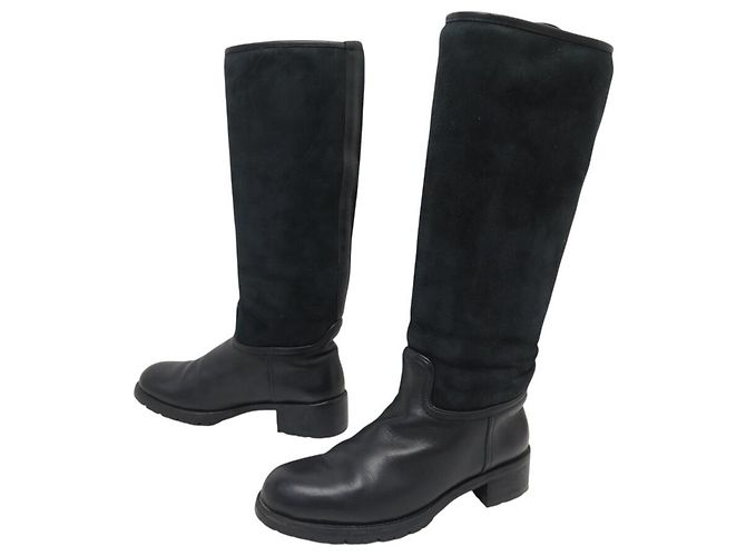 Hermès SCARPE HERMES BOOTS CAVALIERI 36 IN PELLE NERA E SUEDE FODERATE Nero 