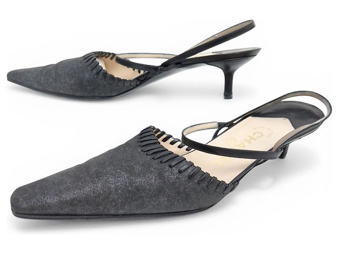 CHANEL SLINGBACK SANDALS 40 GREY LEATHER BOX