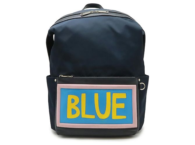 Fendi Logo Nylon Leather Backpack Blue