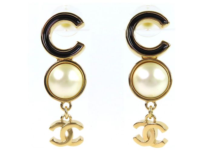 Pendientes de perla falsa con el logo Coco de Chanel Negro Dorado