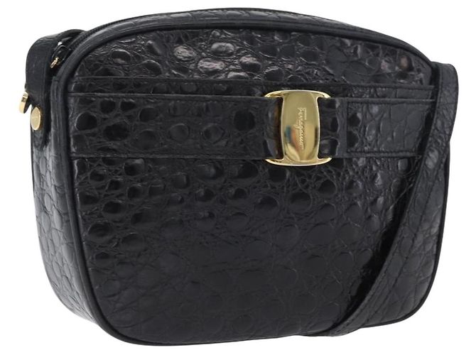 Vala Schultertasche aus Leder Schwarz Gold Salvatore Ferragamo Auth ka3259 Golden