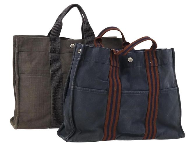 Hermès HERMES Tote Bag Canvas 2 Set Gray Navy Auth bs33837 Brown Navy blue