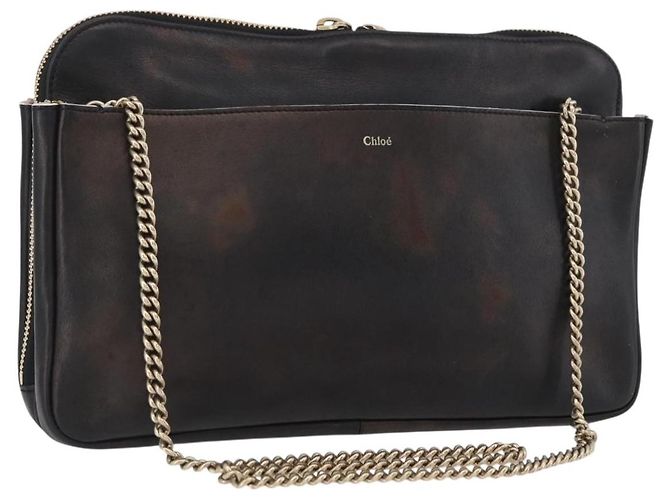 Bolsa de Ombro de Couro Chloé com Corrente Bronze Dourado Auth BSZ219