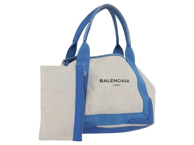 BALENCIAGA Cabas Bag Canvas Leather Light Beige Light Blue 339933 Auth 173988 Silvery