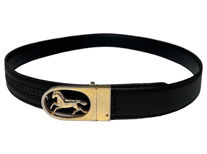 Céline Schwarzer Leder Gürtel mit Vintage Celine Paris Kutschenlogo