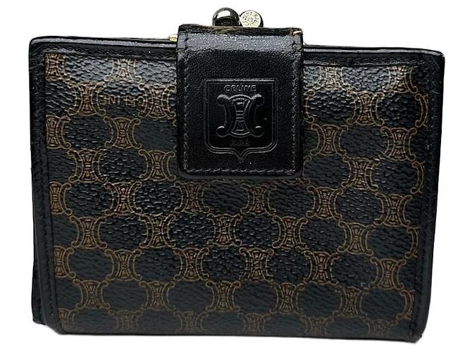 Céline Carteira de couro monograma Triomphe Celine Paris vintage preta e marrom Preto