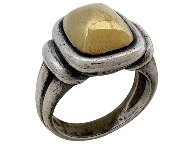 Ring Bague Carrée Hermès Or et Argent Métal Argenté Doré