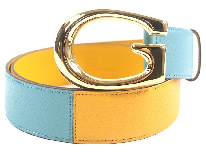GUCCI Memorable Buckle Bicolor Leather Belt Blue Yellow