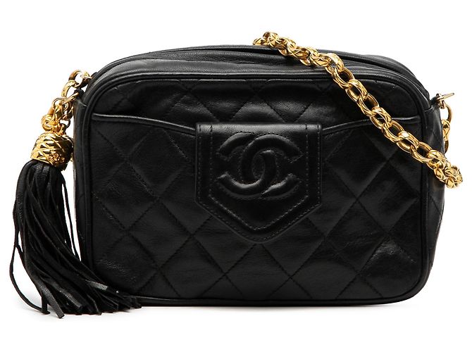 Camera Bolsa de câmera em couro de cordeiro matelassado preto CC da Chanel com tassel