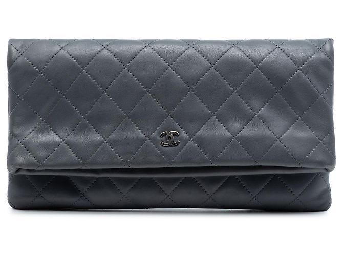 Chanel Gray CC Quilted Lambskin Foldover Clutch Brown Dark grey