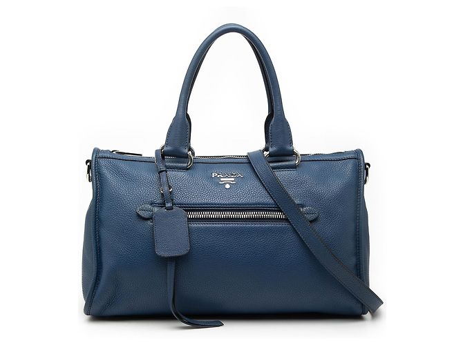 Prada Blue Vitello Phenix Zip Top Handtasche Blau