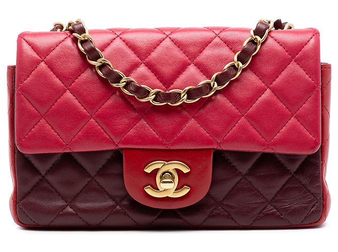 Chanel Red Mini Rectangular Classic Tricolor Lambskin Single Flap Dark red