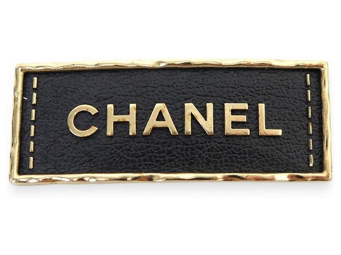 NEW CHANEL BROOCH LOGO PLAQUE LEATHER GOLDEN METAL Black