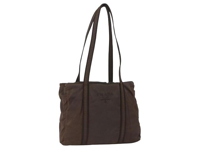 PRADA Tote Bag Nylon Brown Silver Auth SW2170 Silvery