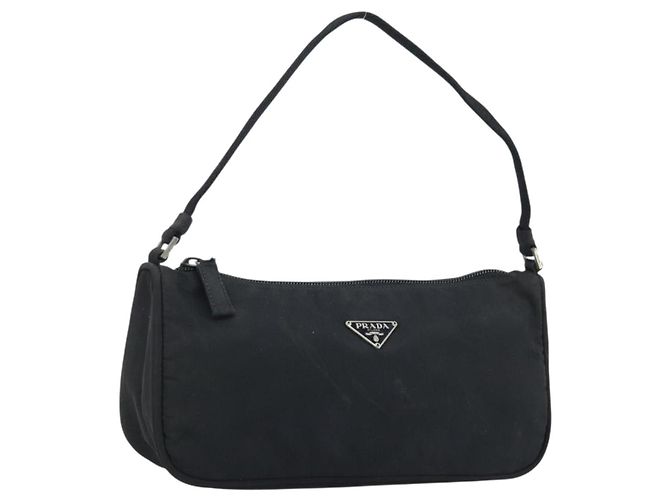 PRADA Accessory Pouch Nylon Black Silver Auth BA11668 Silvery